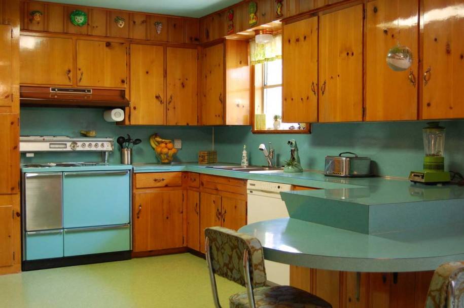 Rustic blue cabinets (kitchen island) with walnut kitchen ...