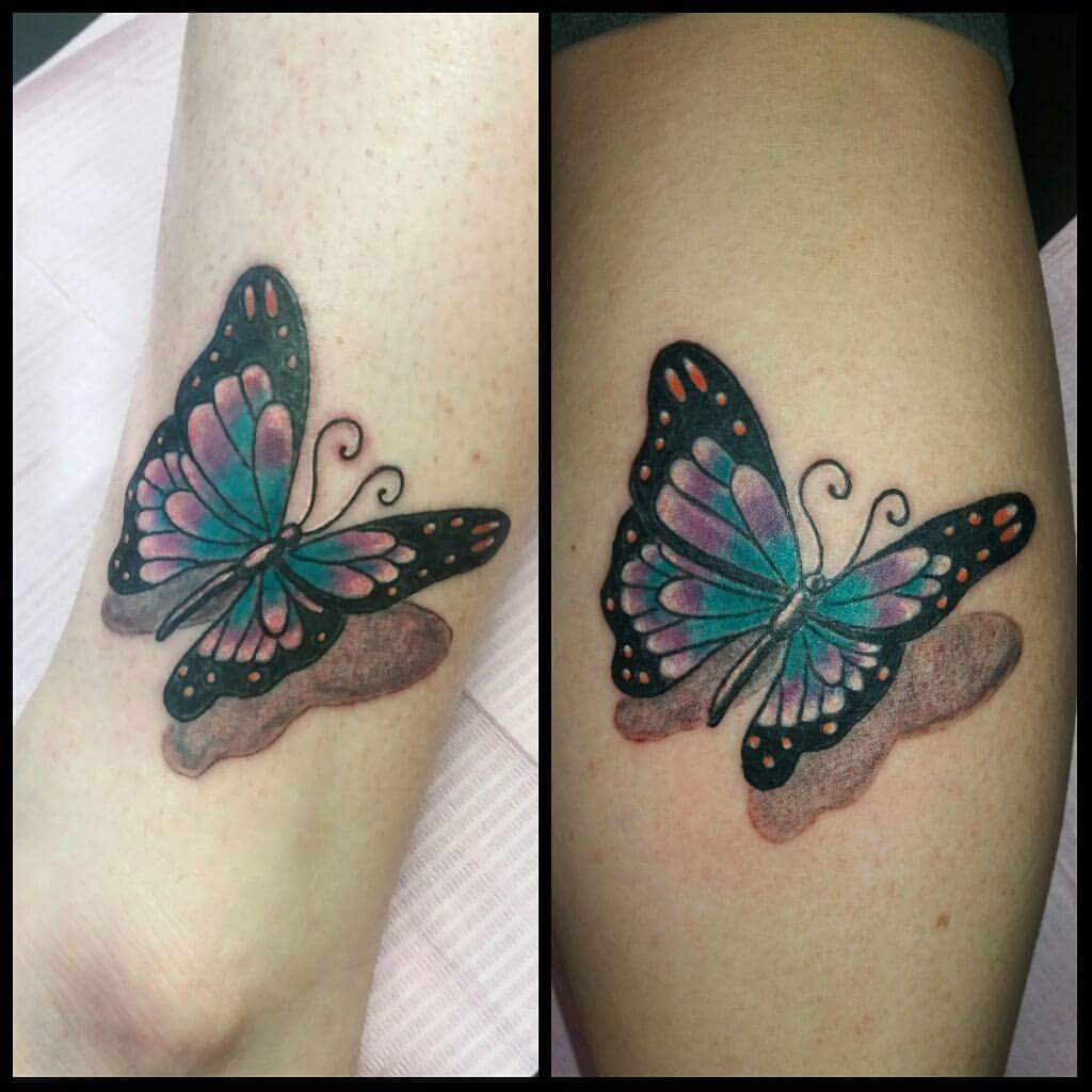 Colored Butterfly Matching Sister Tattoo On Legs Blurmark
