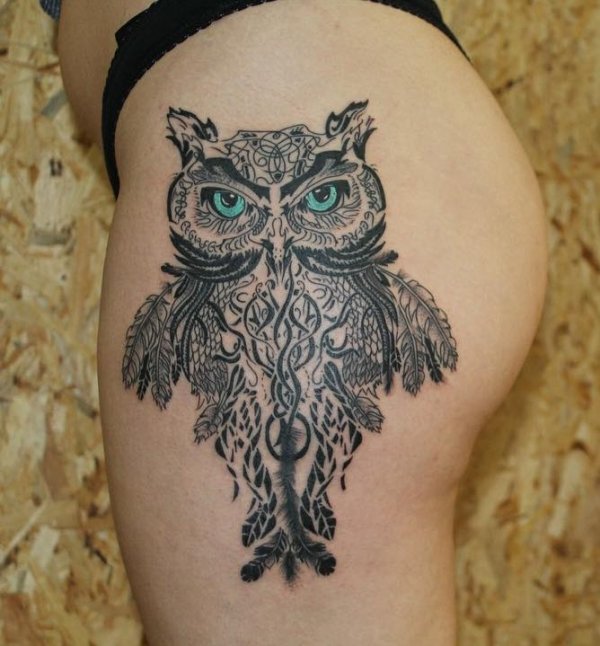 Ravishing Blue Eye Owl Tattoo On Thigh Blurmark