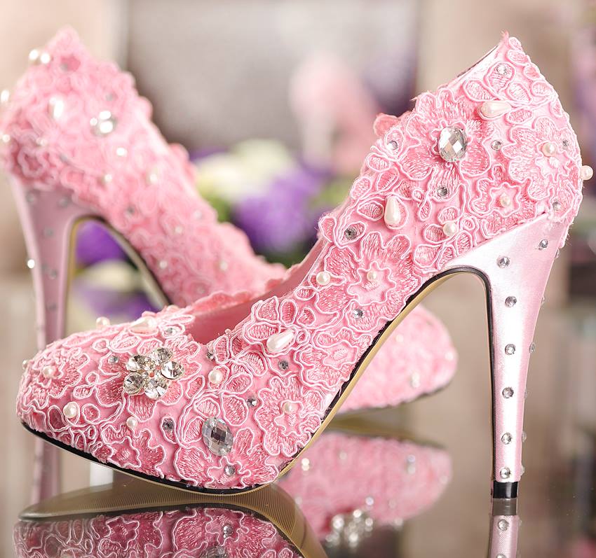 Lace rhinestones pearls pink wedding shoes