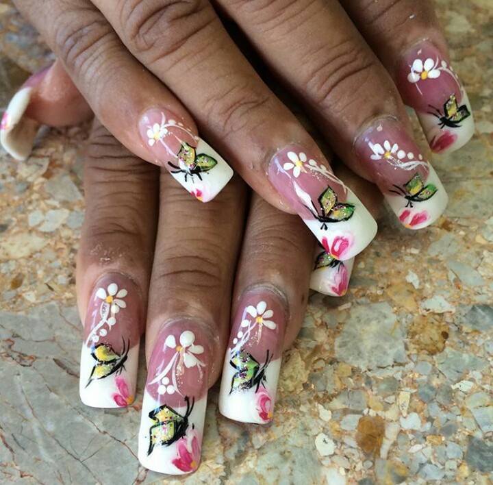 White permanent french with arts of butterflies and half pink flowers