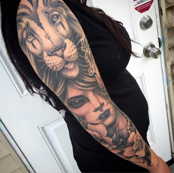 Black And Grey Lion Tattoo with Women