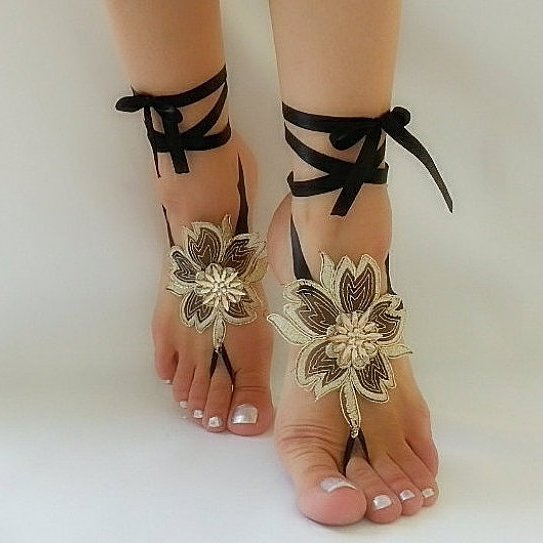 Black Embrodeired Barefoot Beach Wedding Shoes