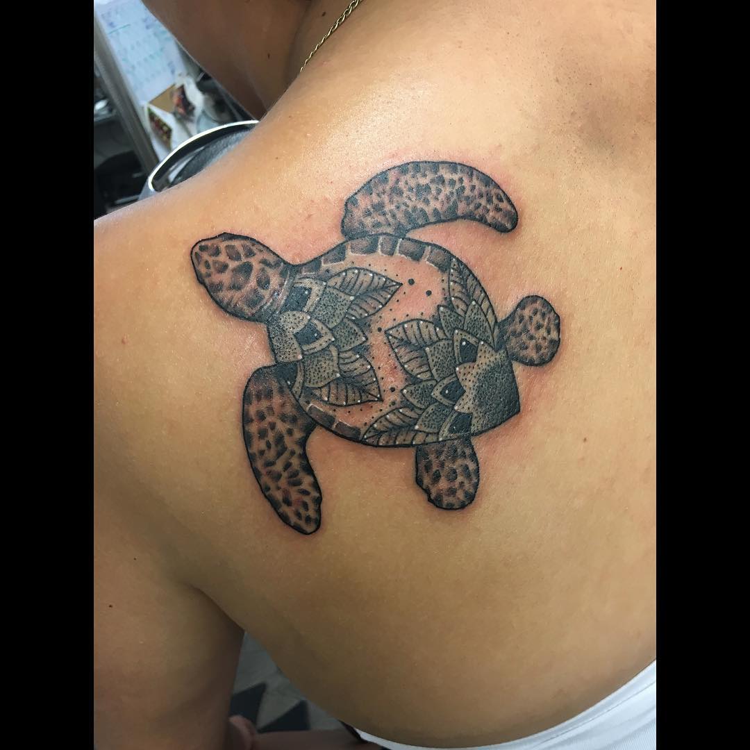 Black & Grey Sea Tattoo On Back Shoulder