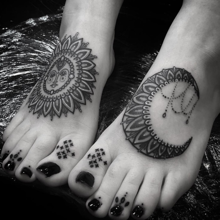 Black Sun And Moon Foot Tattoo