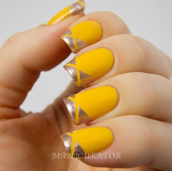Chevron Yellow Nails With Glitter