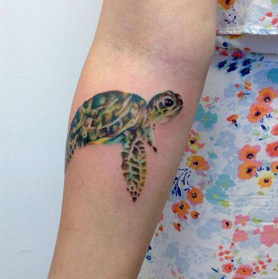 Colored Turtle Tattoo On Lower leg