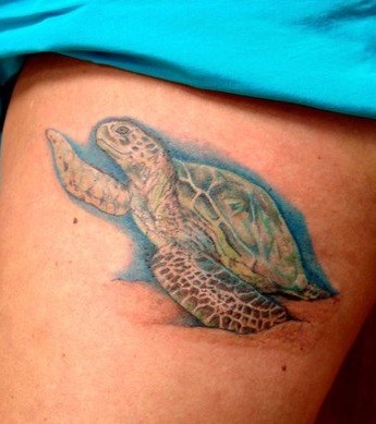 Colored Turtle Tattoo On Thigh