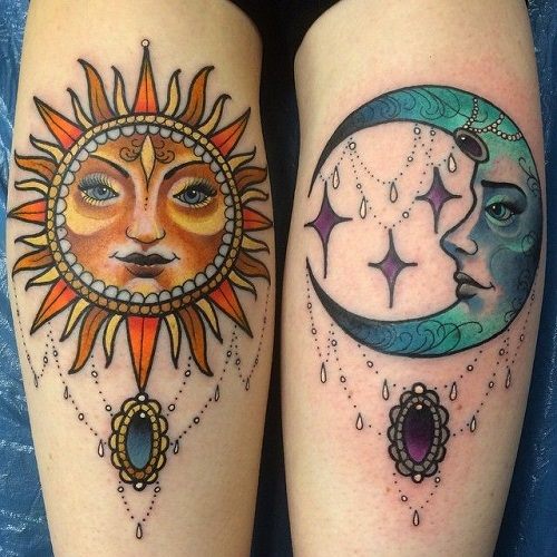 Colorful Sun And Moon Highlighted Tattoos With Jewels