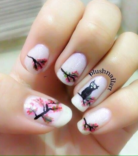 Cute Owl With Flower On Nails