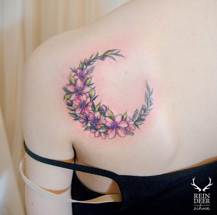 Flower Moon Tattoo On Shoulder