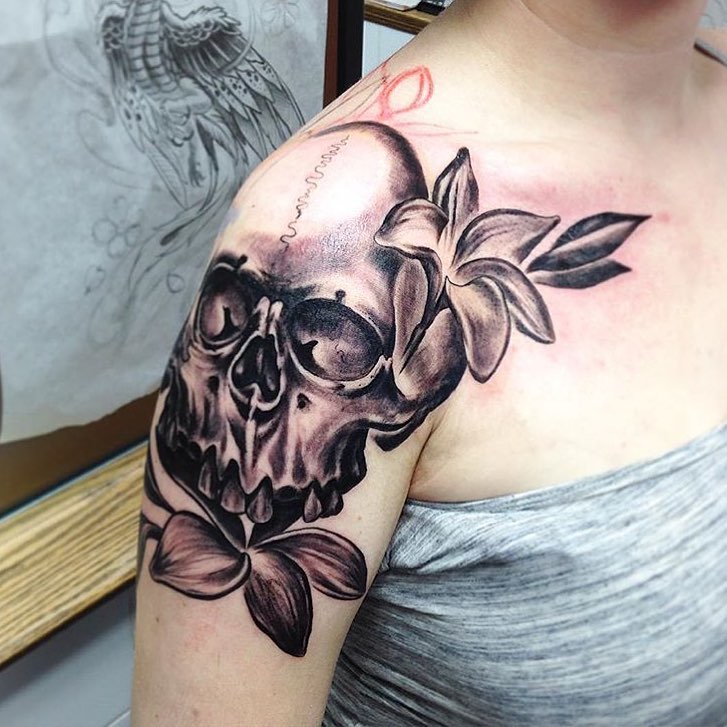 Flower Skull Tattoo On Shoulder