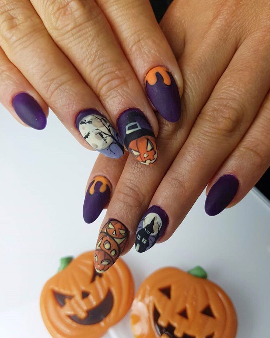 Indigo scary nails with ghost and pumpkin. Pic by indigo_nails_lab_uk_onlineshop