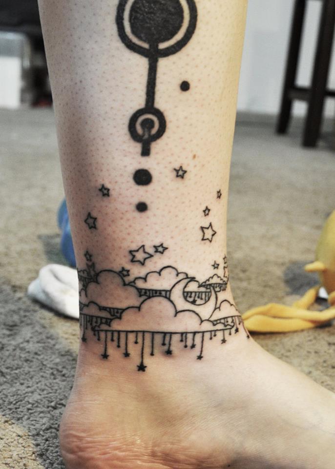 Moon And Cloud Half Band Ankle Tattoo Design