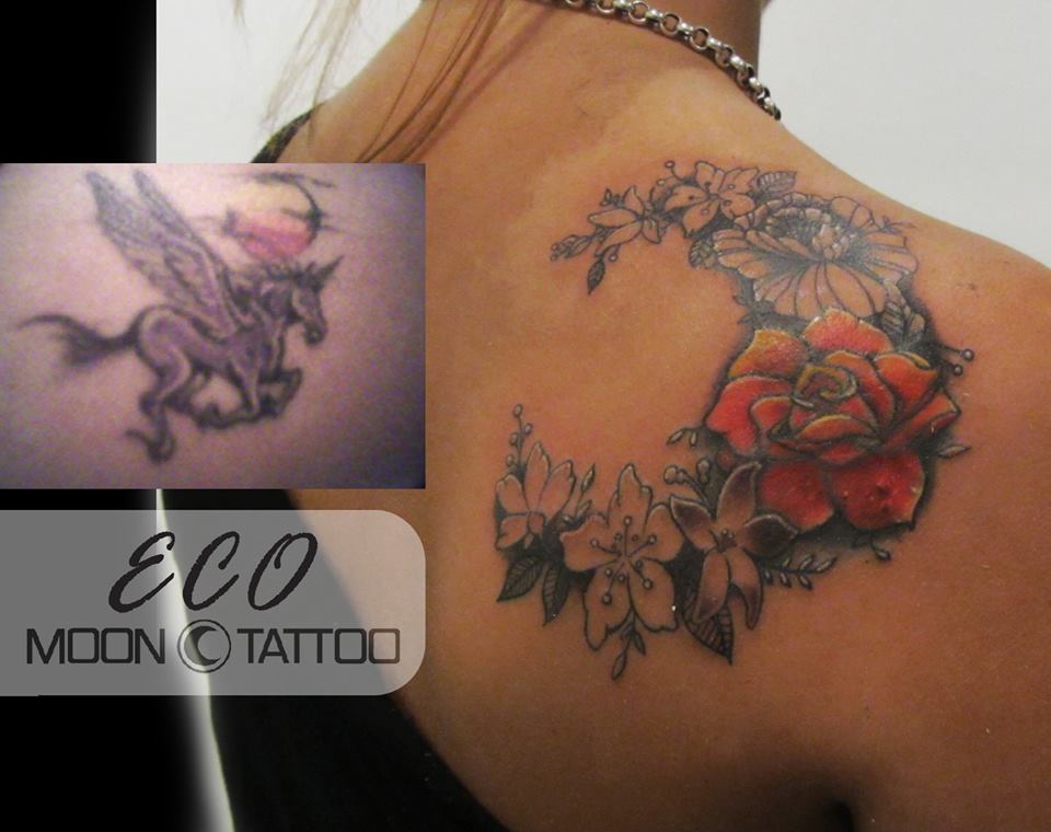 Moon Tattoo With Flowers