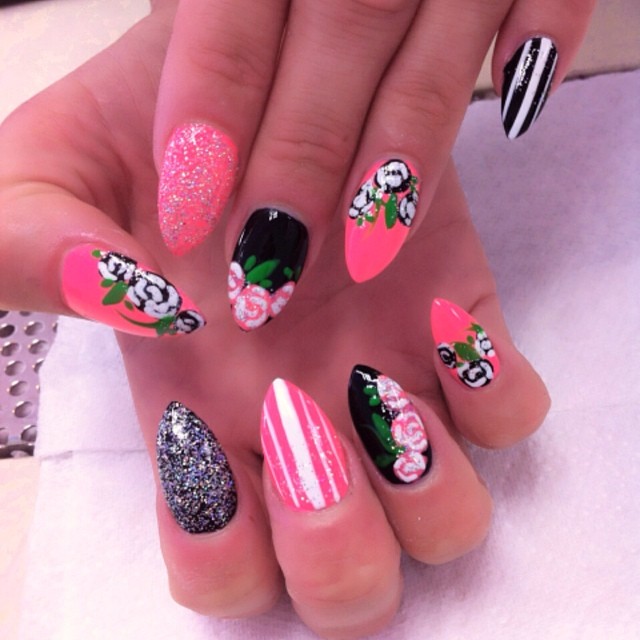 Pink And Black Flower Nails