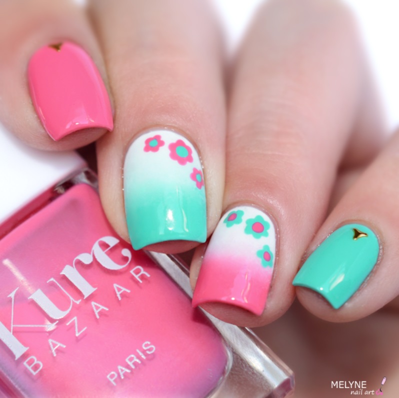 Pink & Aqua Floraly Nails