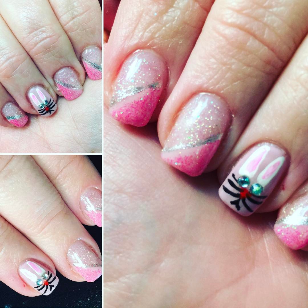Pink Glitter Bunny Nails