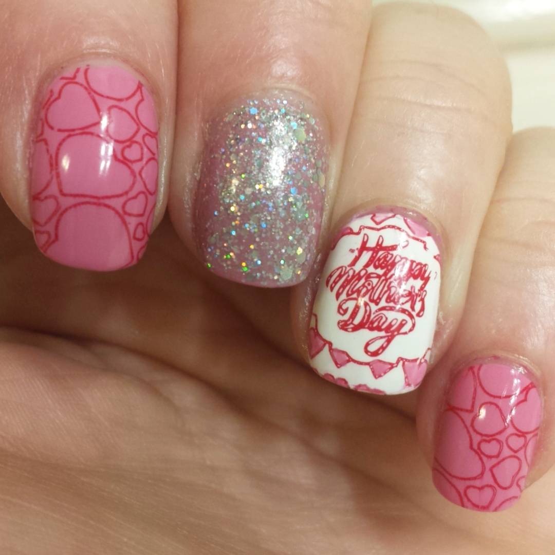 Pink Hearts With Glitter Mother's Day Nails
