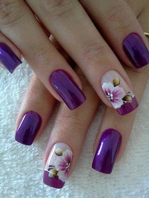 Purple Base with Flowers Nail Art