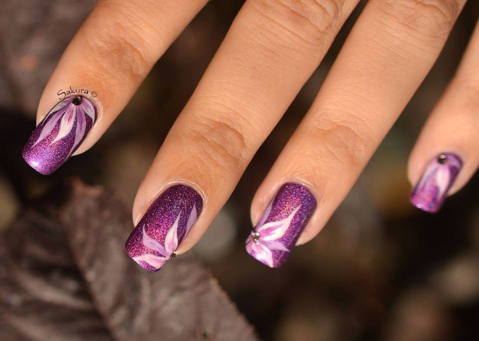 Purple Floral Nail Art