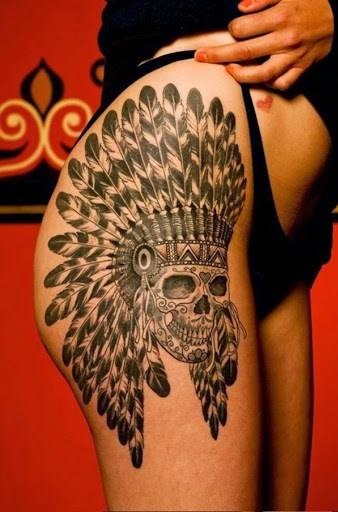 Skull With Feather On Thigh