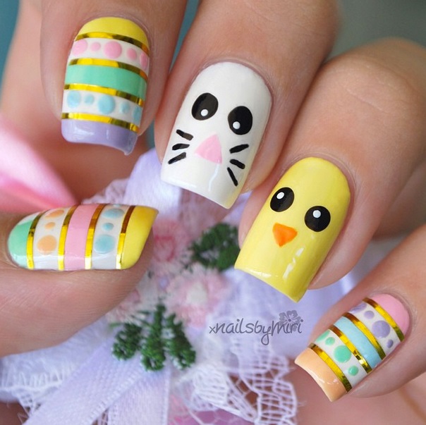 Striped Easter Animals Nail Art