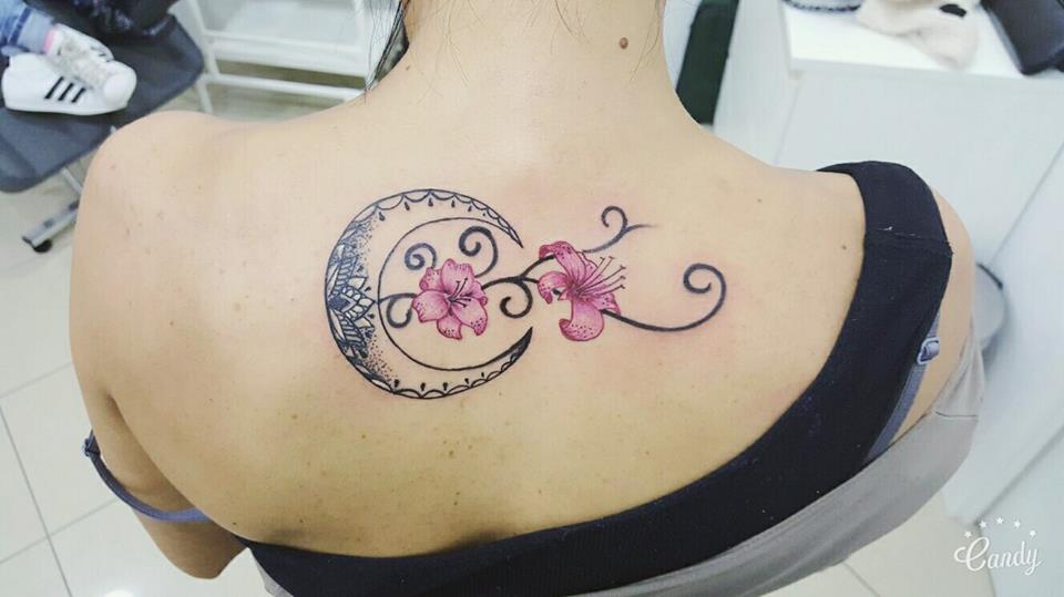 Stylish Flowry Moon Tattoo On Back
