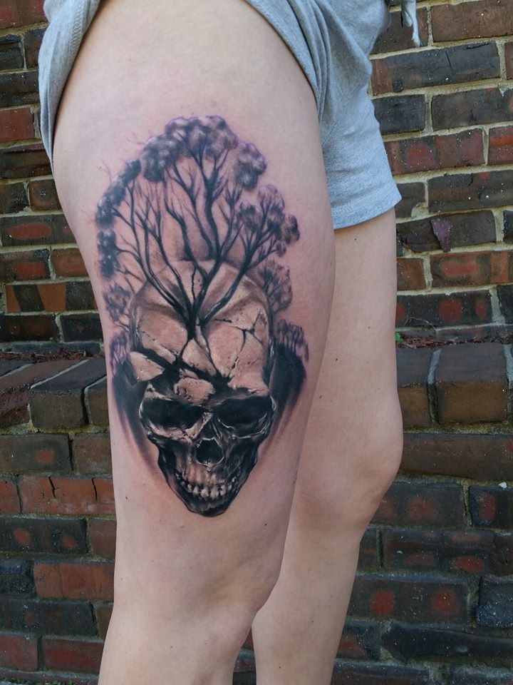 Tree Skull Thigh Tattoo