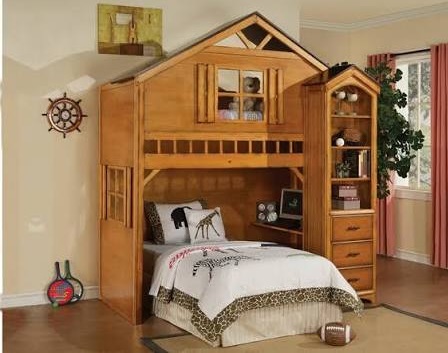 Tree house style rustic oak finish wood kids loft bed