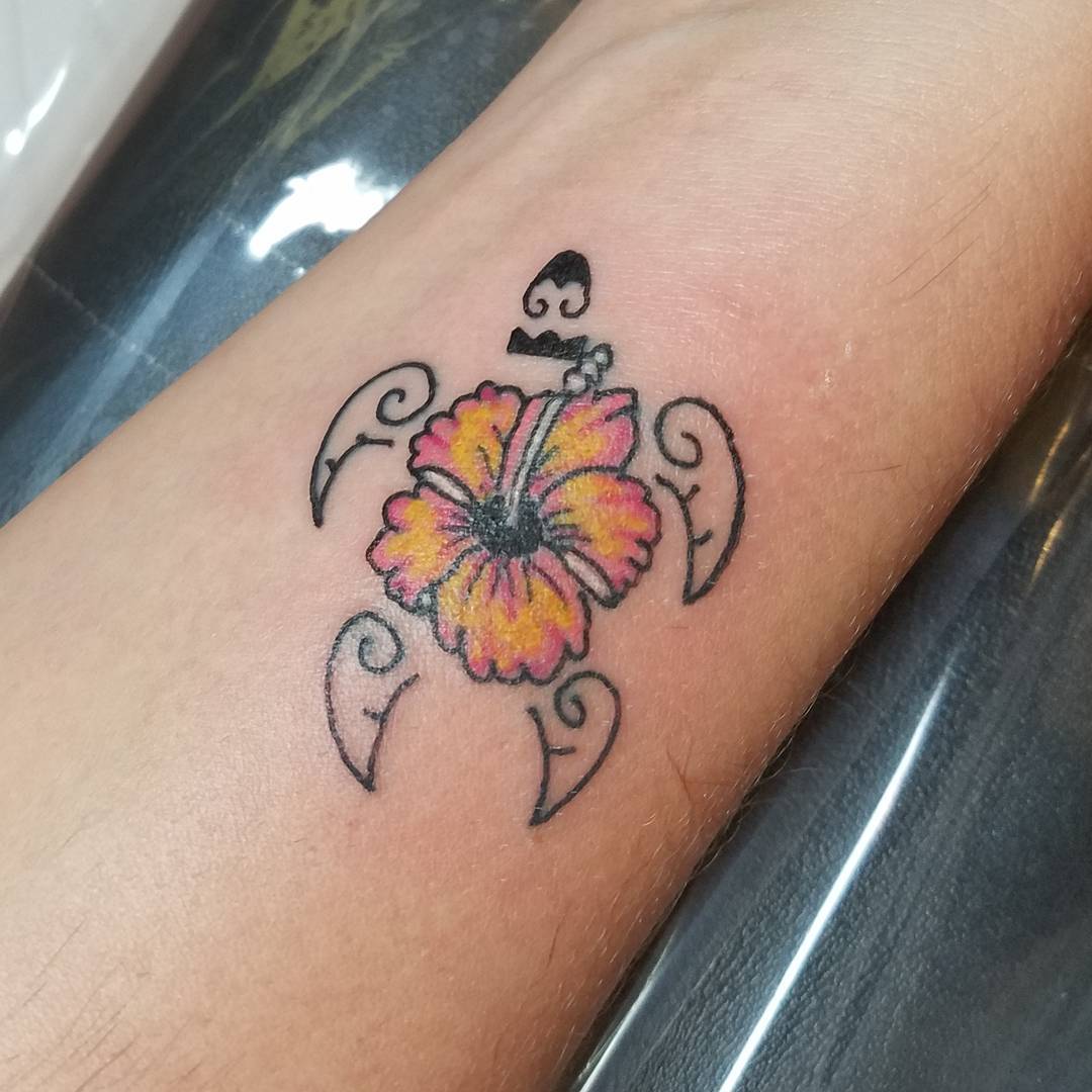 Turtle Flower Tattoo On Lower Arm