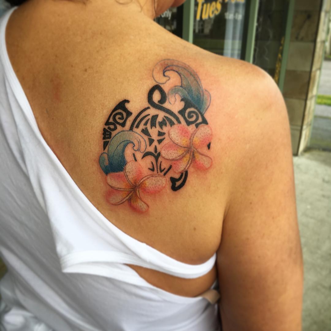 Turtle Wave Tattoo On Back Shoulder