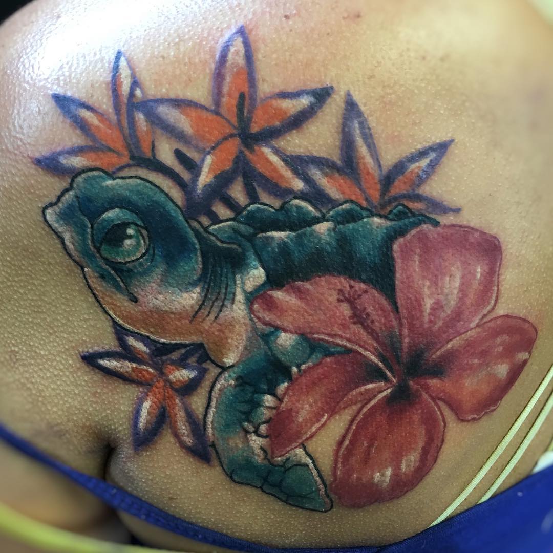 Turtle With Flowers Tattoo On Back Shoulder