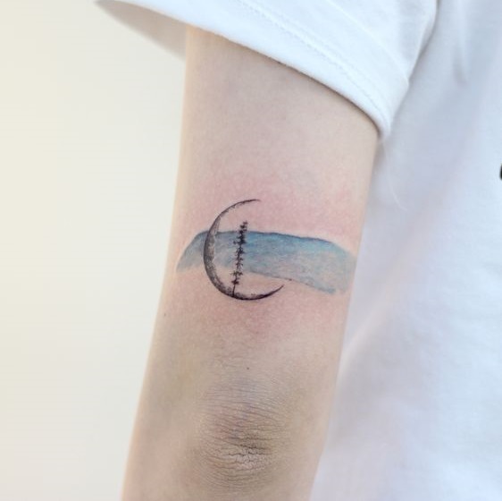 Water Color Moon Tattoo With Tree