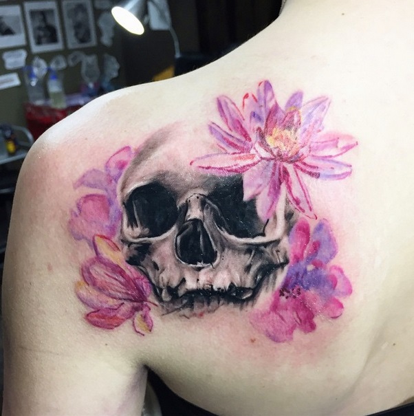 Water Color Skull Tattoo design On Shoulder