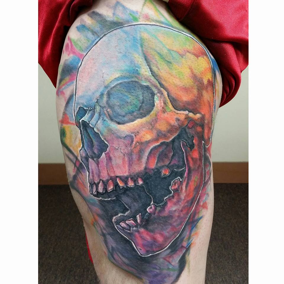 Water Color Skull Tattoo On Thigh