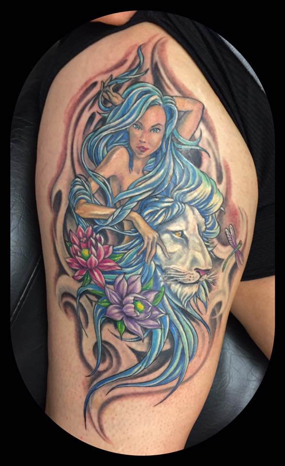 White Lion With Lotus On Back Thigh