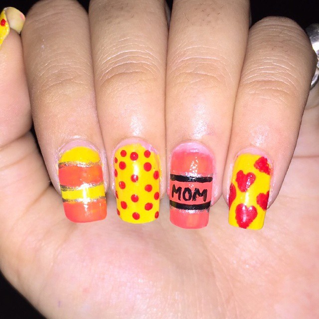 Yellow With Heart And Polka Dots Mother's day Nails