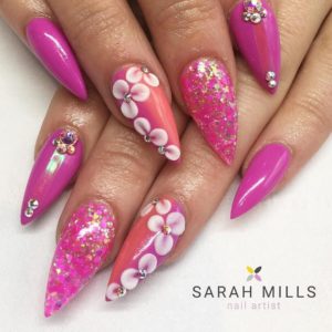 3D Hot Pink Pointed Nails With Glitter