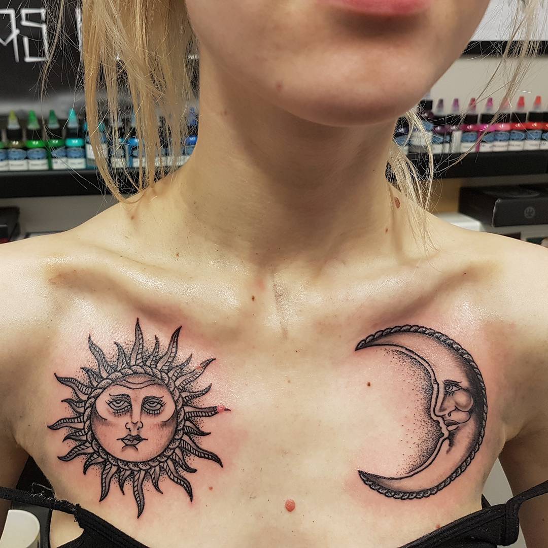 Black Dot Work Sun And Moon Tattoo On Chest