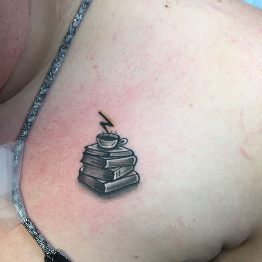 Books With A Cup Of Tea Inked On Shoulder