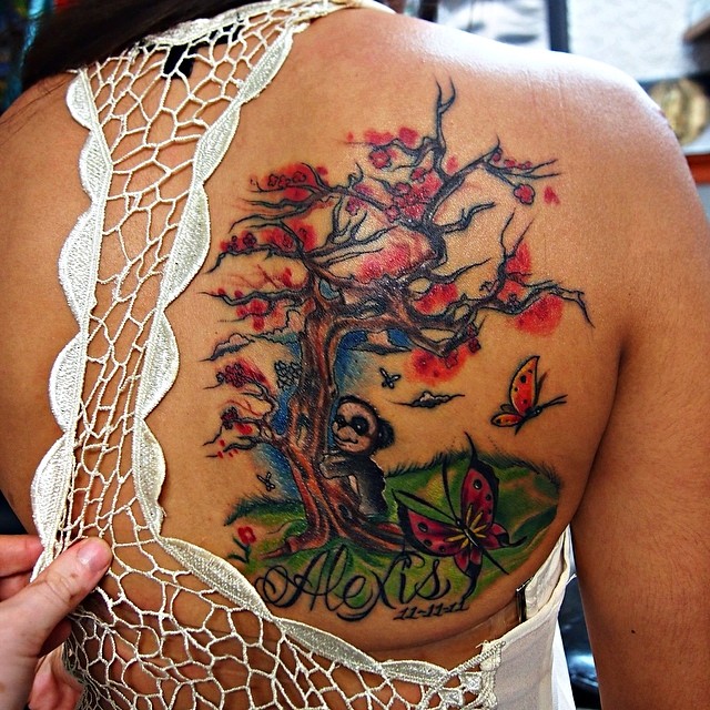 Creative Panda Bear With Tree And Butterfly On Back Shoulder