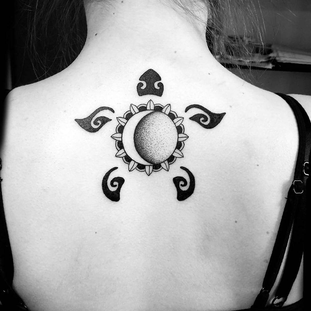 Dot Work Sun Turtle Tattoo On Back