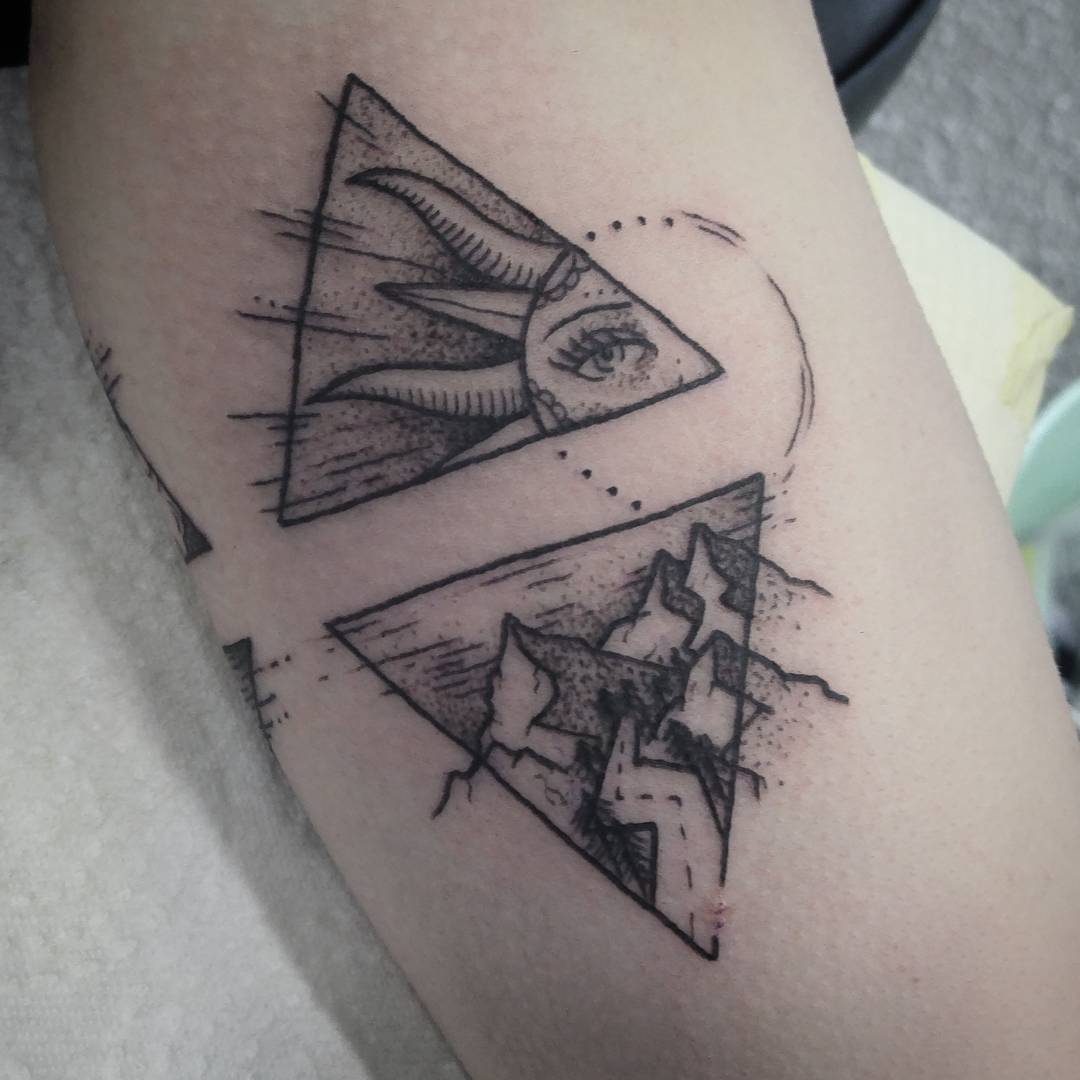 Dot Work Triangle Sun Tattoo With Mountains