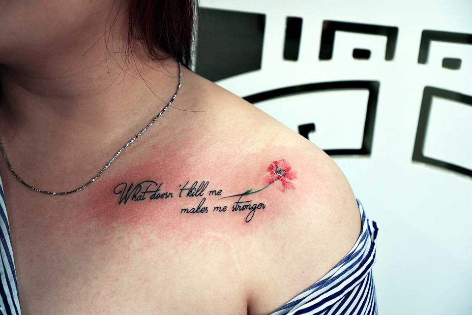 Flower Tattoo With Quote On Beauty Bone