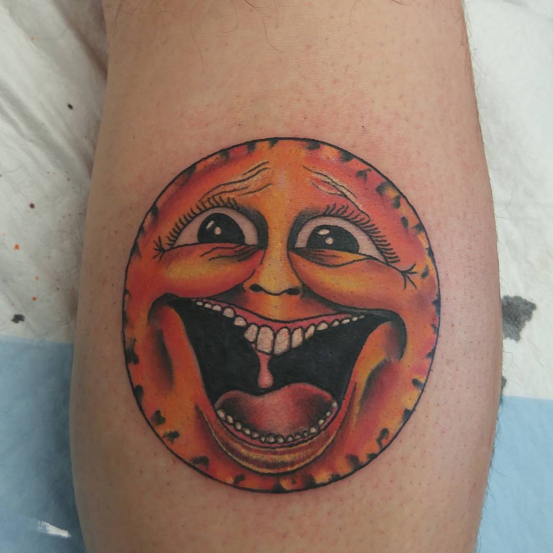 Funny Colored Sun Tattoo On Leg
