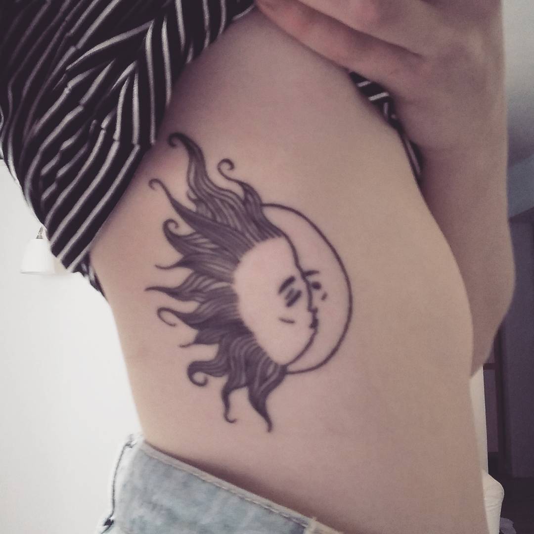 Lovely Sun Moon Tattoo On Side Back