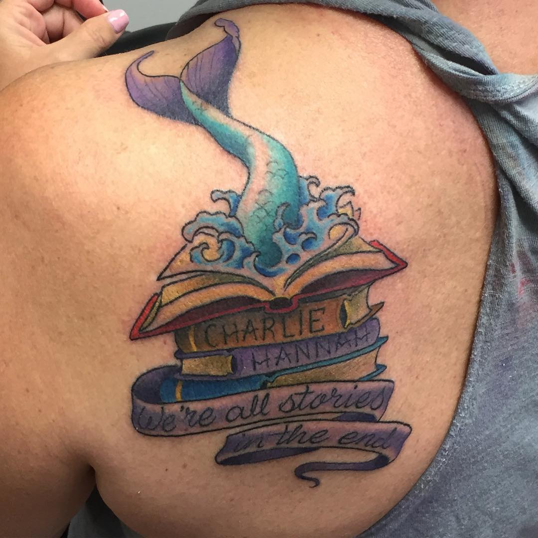 Marmaid With Book Tattoo On Shoulder