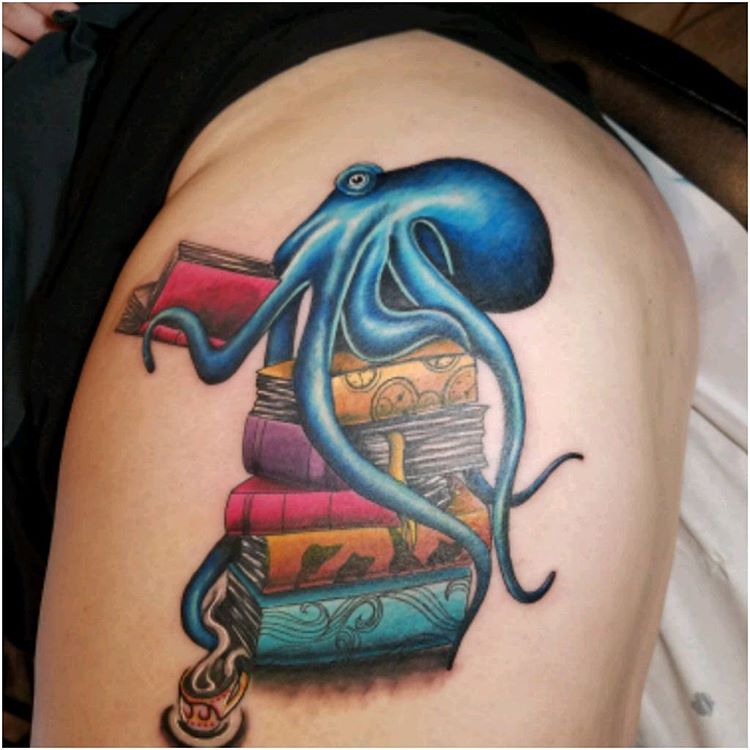Octopus With Book Tattoo On Thigh