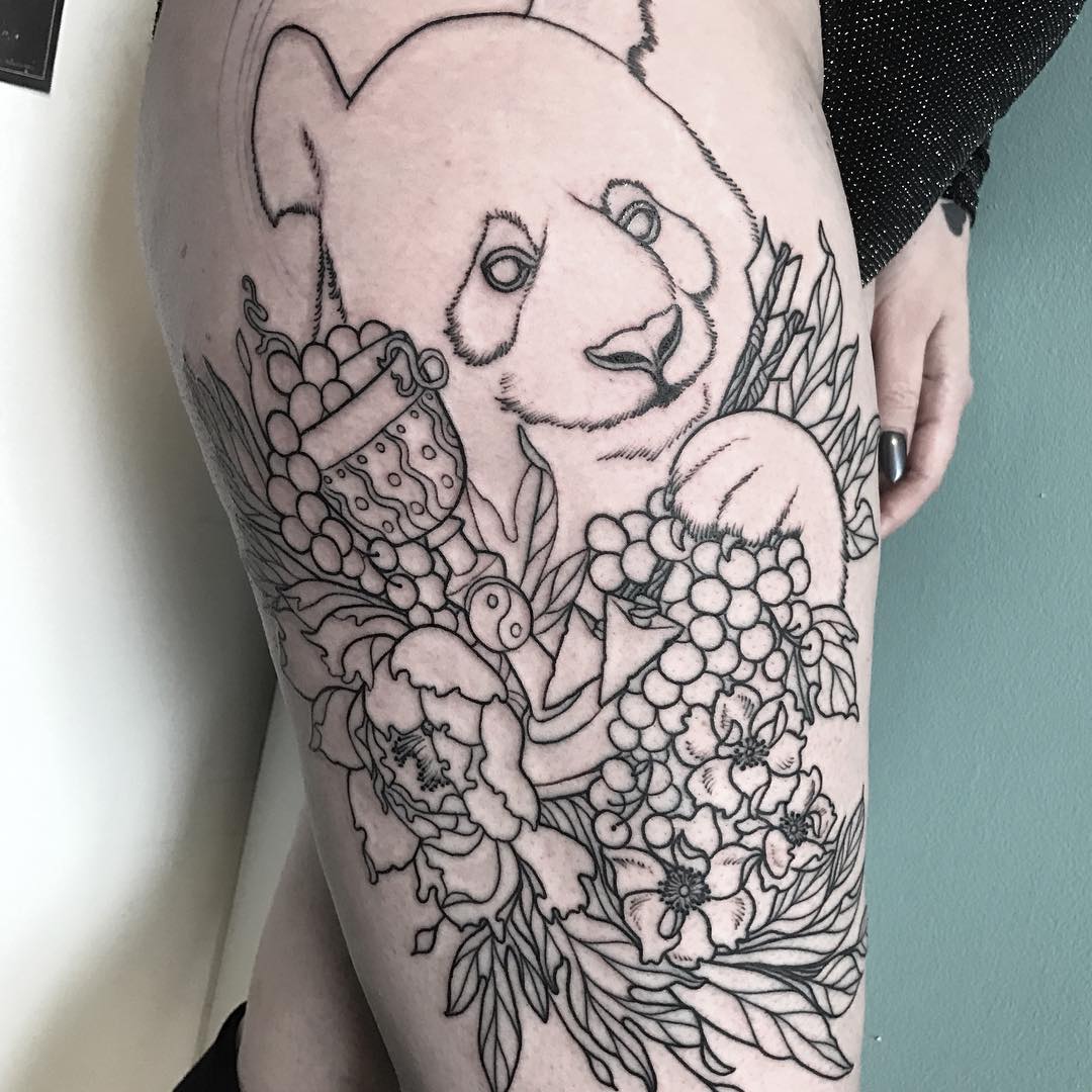 Panda Bear With Grapes And Arrow Tattoo